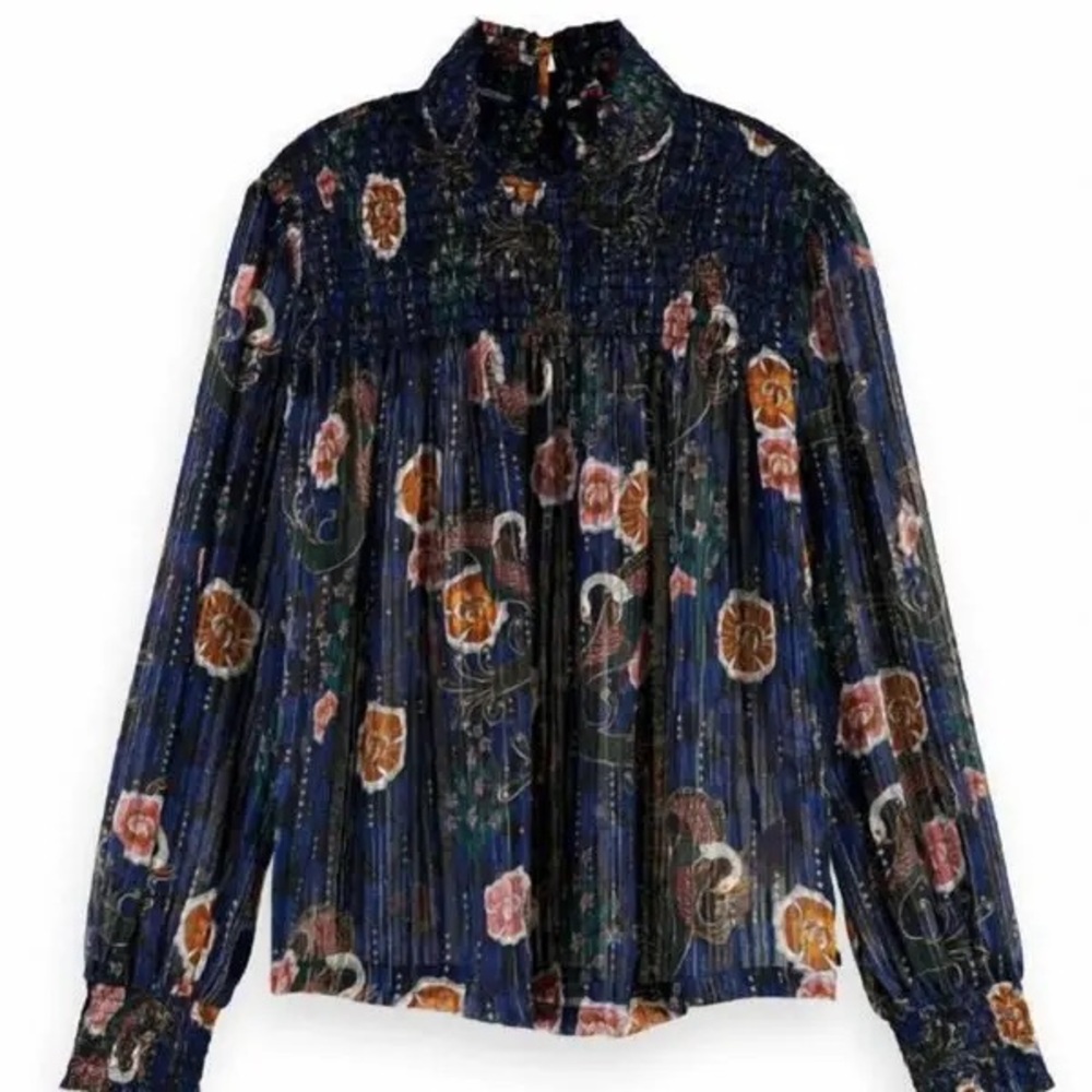 Scotch & Soda Navy Floral Smocked Yoke Blouse